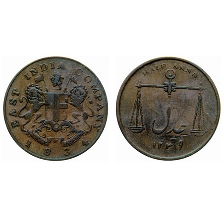 Bombay Presidency, Copper, Half Anna, 12.62gm, (1834AD / 1249AH), Obv: Arms of East India 