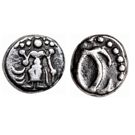 Madras Presidency, Silver Fanam, 0.95gm, (1690-1763 AD, 2nd Issue), Obv: A single diety (V