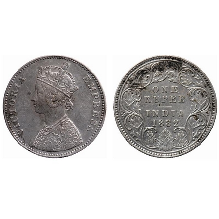 Victoria Empress, Silver, Rupee, 1882, Bombay Mint, A3/I, Dot, Die crack on Obverse. GK 47