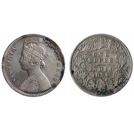 Victoria Empress, Silver, Rupee, 1884, Calcutta Mint, A1/I, 'C' incused. GK 493. Very Fine