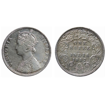 Victoria Empress, Silver, Rupee, 1887, Bombay Mint, C2/I(i), 'B' incused (inverted). GK 54