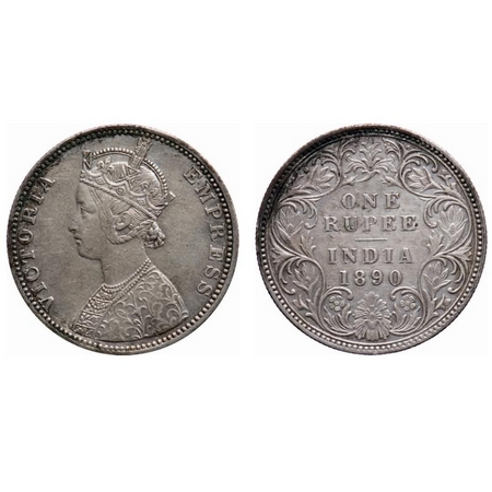Victoria Empress, Silver, Rupee, 1890, Bombay Mint, C2/I, 'B' incused. GK 567. About Extre