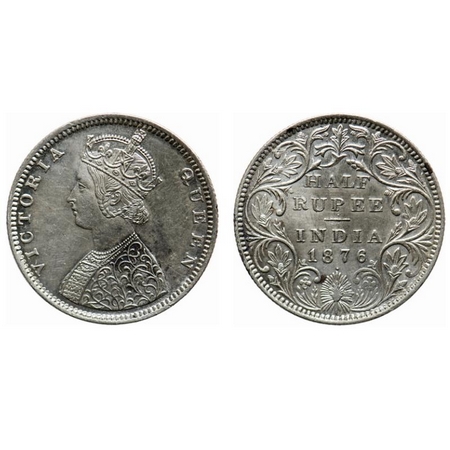 Victoria Queen, Silver, Half Rupee, 1876, Bombay Mint, B2/II/Dot. GK 606. Extremely Fine+.