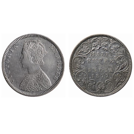 Victoria Empress, Silver, Half Rupee, 1877, Bombay Mint, B2/II, Dot. GK 608. Extremely Fin