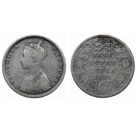 Victoria Empress, Silver, Half Rupee, 1881, Bombay Mint, B2/II/Dot. GK 615. Very Fine. Sca