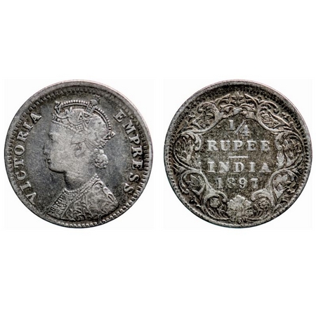 Victoria Empress, Silver, Quarter Rupee, 1897, Plain edge and minor off center. GK 731. Ve