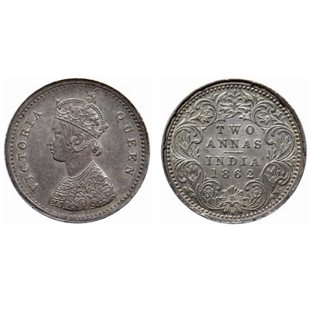 Victoria Queen, Silver, 2 Annas, 1862, Bombay Mint, A/I, Bottom flower center top petal br