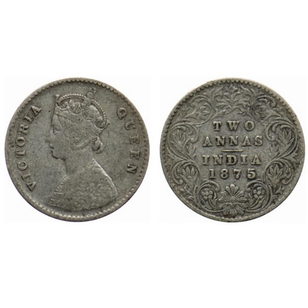 Victoria Queen, Silver, 2 Annas, 1875, Calcutta Mint, A/I, No mint mark. GK 742. About Ver