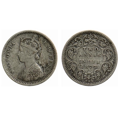 Victoria Empress, Silver, 2 Annas, 1877, Bombay Mint, A/I, Dot. GK 746. About Very Fine. S