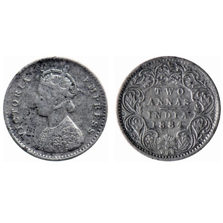 Victoria Empress, Silver, 2 Annas, 1884, Bombay Mint, A/I, No dot. GK 769. Very Fine. Scar