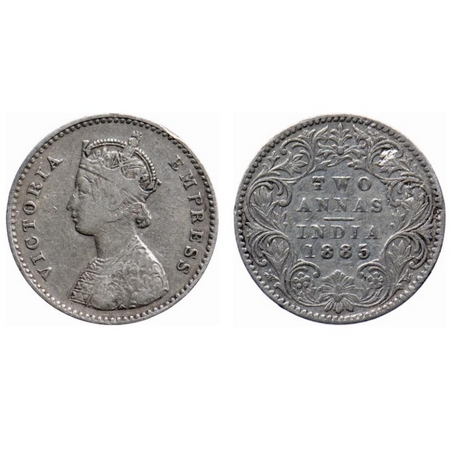 Victoria Empress, Silver, 2 Annas, 1885, Bombay Mint, A/I, 'B' raised. GK 777. Very Fine. 