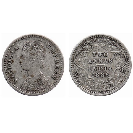 Victoria Empress, Silver, 2 Annas, 1886, Bombay Mint, B/II, 'B' incused, Ghost on Obverse.