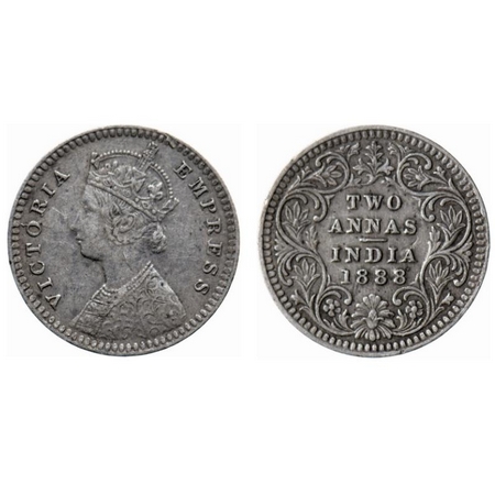 Victoria Empress, Silver, 2 Annas, 1888, Calcutta Mint, B/II, No mint mark, No 'C', Ghost 