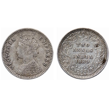 Victoria Empress, Silver, 2 Annas, 1889, Bombay Mint, B/II, 'B' incused, Die crack on Obve