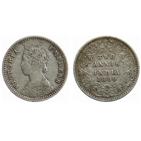Victoria Empress, Silver, 2 Annas, 1890, Bombay Mint, B/II, 'B' incused. GK 792. Very Fine