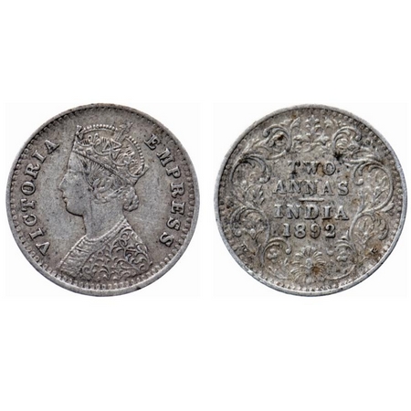Victoria Empress, Silver, 2 Annas, 1892, Bombay Mint, B/II, 'B' incused. GK 796. Extremely