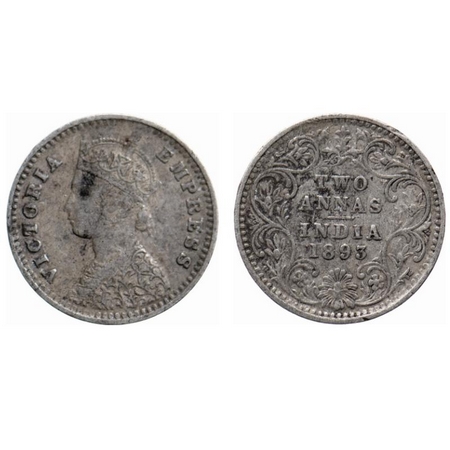 Victoria Empress, Silver, 2 Annas, 1893, Bombay Mint, B/II, 'B' incused. GK 799. Very Fine
