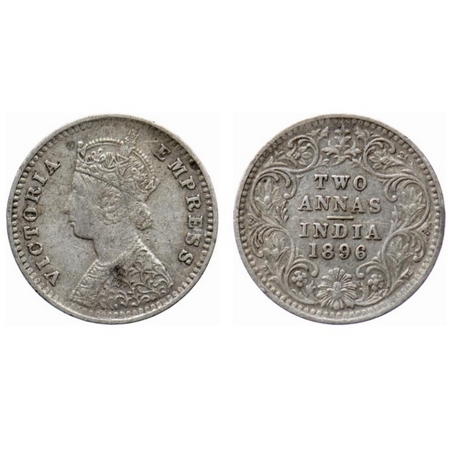 Victoria Empress, Silver, 2 Annas, 1896, Bombay Mint, B/II, 'B' incused. GK 804. Very Fine