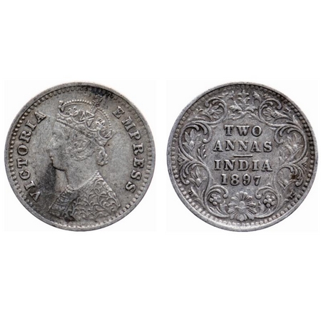 Victoria Empress, Silver, 2 Annas, 1897, Bombay Mint, B/II, 'B' incused. GK 806. Extremely