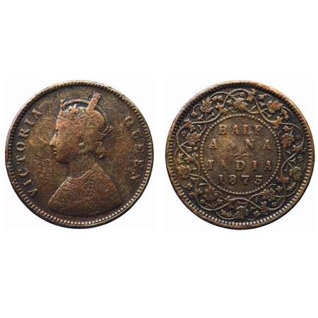 Victoria Queen, Copper, 1/2 Anna, 1875, Calcutta Mint, B/II. GK 818. Fine+. Scarce.