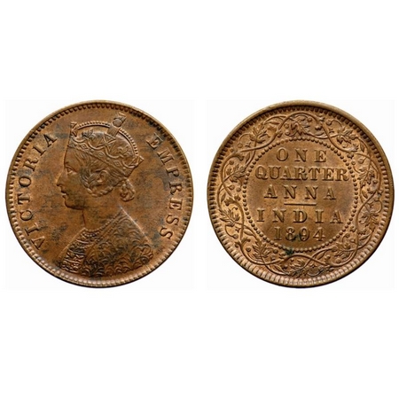 Victoria Empress, Copper, Quarter Anna, 1894, Calcutta Mint, B/II, No mint mark. GK 853. U