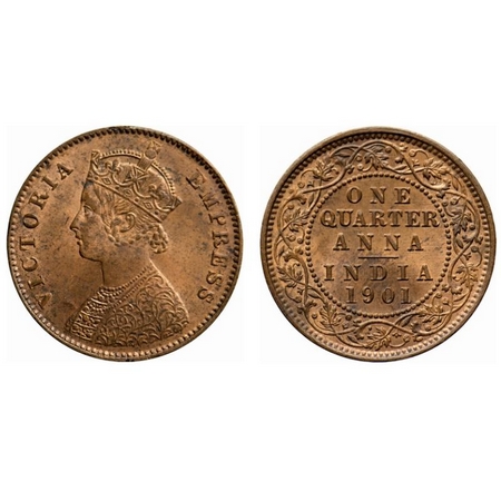 Victoria Empress, Copper, Quarter Anna, 1901, Calcutta Mint, B/II, No mint mark. GK 860. U