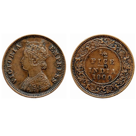 Victoria Empress, Copper, 1/2 Pice, 1900, Calcutta Mint, A/I, No mint mark. GK 880. Extrem