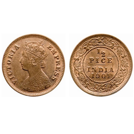 Victoria Empress, Copper, 1/2 Pice, 1901, Calcutta Mint, A/I no mint mark, Ghost on Revers