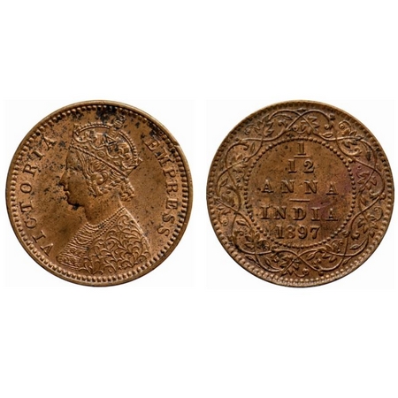 Victoria Empress, Copper, 1/12 Anna, 1897, Calcutta Mint, Obverse B, No mint mark. GK 918.