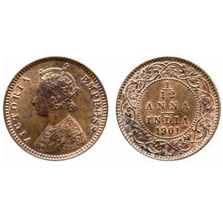 Victoria Empress, Copper, 1/12 Anna, 1901, Calcutta Mint, Obverse B, No mint mark, Multipl