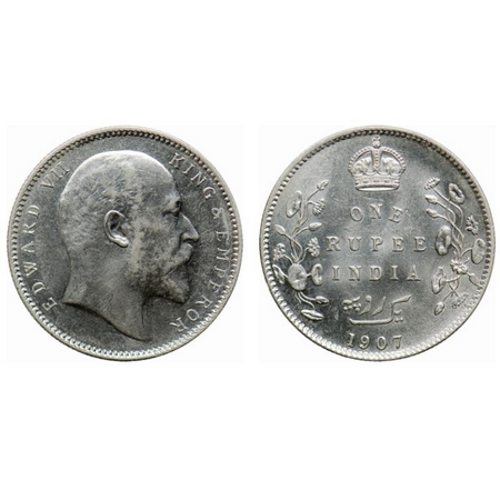 Edward VII, Silver, Rupee, 1907, Calcutta Mint, No mint mark. GK 942. Brilliant Uncirculat