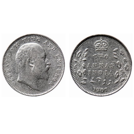Edward VII, Silver, 2 Annas, 1907, Calcutta Mint, No mint mark. GK 984. Extremely Fine. Sc
