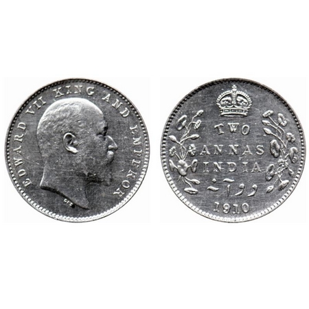 Edward VII, Silver, 2 Annas, 1910, Calcutta Mint, No mint mark. GK 987. Uncirculated. Scar