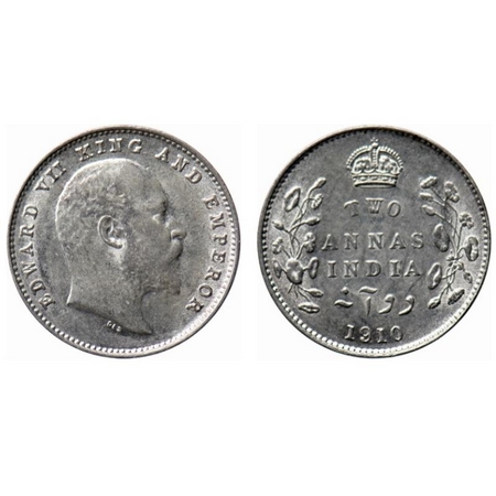 Edward VII, Silver, 2 Annas, 1910, Bombay Mint, Dot, Ghost on Reverse, A small raised dot