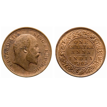 Edward VII, Copper, Quarter Anna, 1903, Calcutta Mint, No mint mark. GK 994. About Uncircu