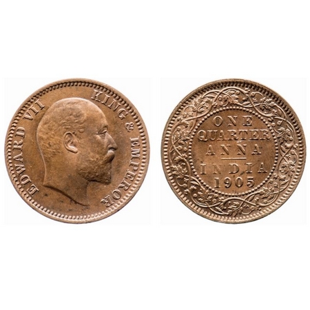 Edward VII, Copper, Quarter Anna, 1905, Calcutta Mint, No mint mark. GK 996. Extremely Fin