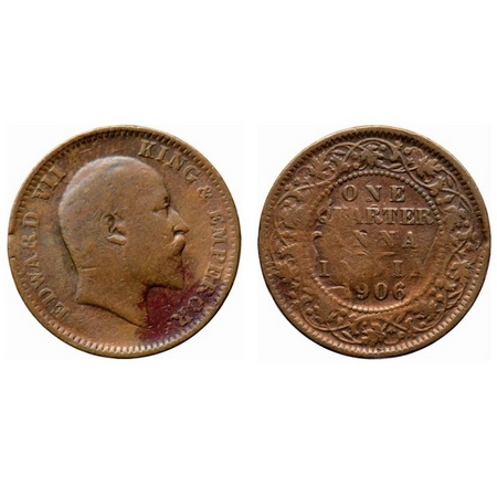 Edward VII, Copper, Quarter Anna, 1906, Calcutta Mint, No mint mark, Full skull Ghost on R