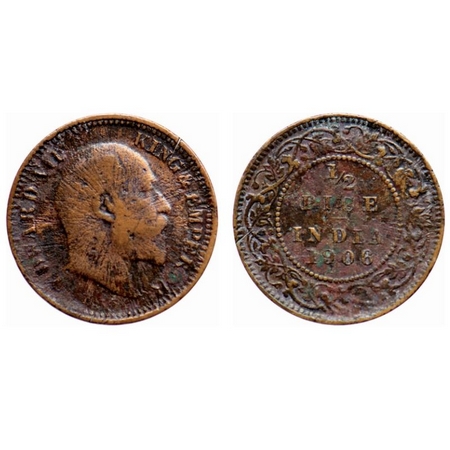 Edward VII, Bronze, 1/2 Pice, 1906, Calcutta Mint, No mint mark, Sunburst Error. GK 1007. 