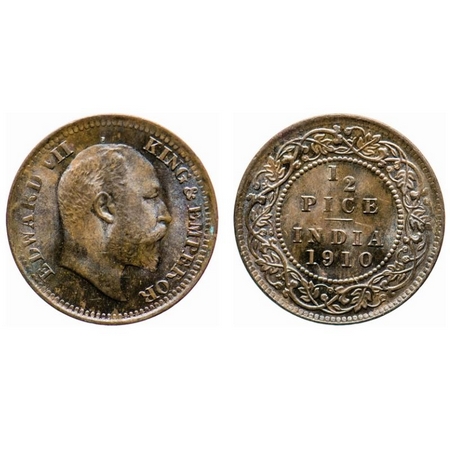 Edward VII, Bronze, 1/2 Pice, 1910, Calcutta Mint, No mint mark. GK 1011. Rainbow Toned, B