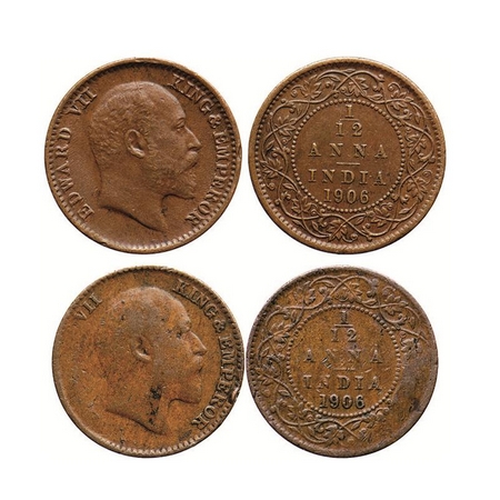 Edward VII, Copper (2.26gm) & Bronze (1.60gm), 1/12 Anna (2 Coins), 1906, Calcutta Mint, N