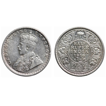 George V, Silver, Half Rupee, 1916, Bombay Mint, Dot, Ghost on Reverse. GK 1054. Extremely