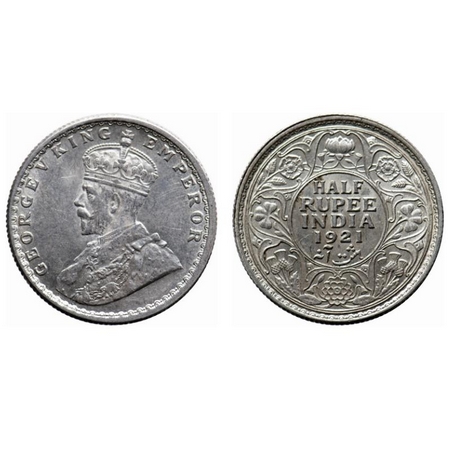 George V, Silver, Half Rupee, 1921, Calcutta Mint, No dot, GK 1058. About Uncirculated. Sc