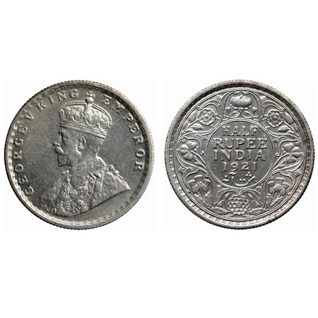 George V, Silver, Half Rupee, 1921, Calcutta Mint, No dot. GK 1058. Uncirculated. Scarce.