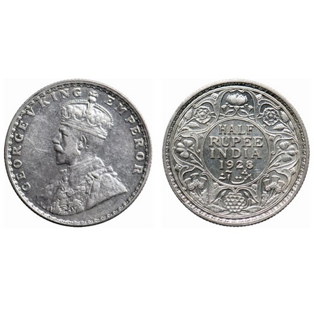 George V, Silver, Half Rupee, 1928, Bombay Mint, Dot. GK 1070. Uncirculated. Scarce.