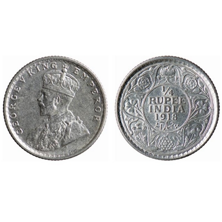 George V, Silver, Quarter Rupee, 1918, Calcutta Mint, No dot, Ghost on Obverse. GK 1091. U