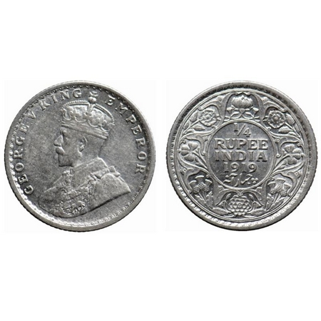 George V, Silver, Quarter Rupee, 1919, Calcutta Mint, No dot. GK 1092. Almost Uncirculated