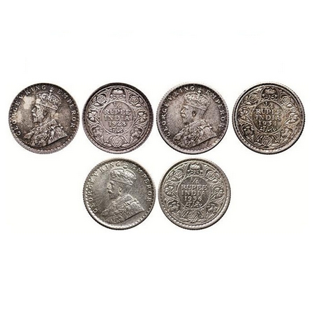 George V, Silver Quarter Rupee (3 Coins), 1928 Bombay Mint, Dot, Ghost on Reverse, 1934 Ca