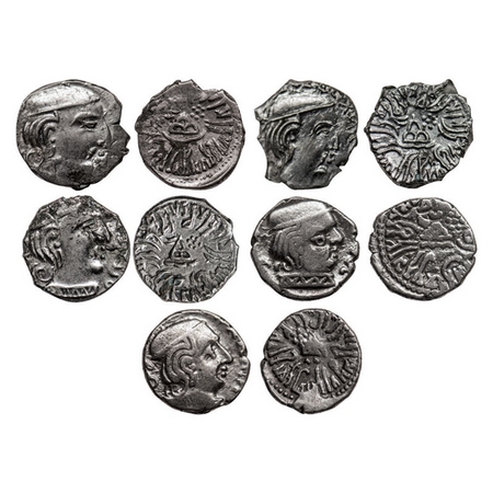 Western Kshatrapa, (5 Coins), Svami Rudrasena III (4) and Visvasena (1), Silver Drachma, O