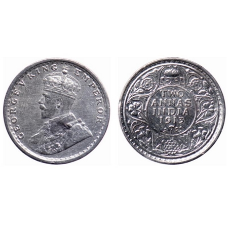 George V, Silver, 2 Anna, 1913, Bombay Mint, Dot. GK 1111. About Uncirculated. Scarce.