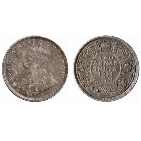 George V, Silver, 2 Annas, 1914, Bombay Mint, Dot, Ghost on obv and Rev. GK 1113. Toned, U